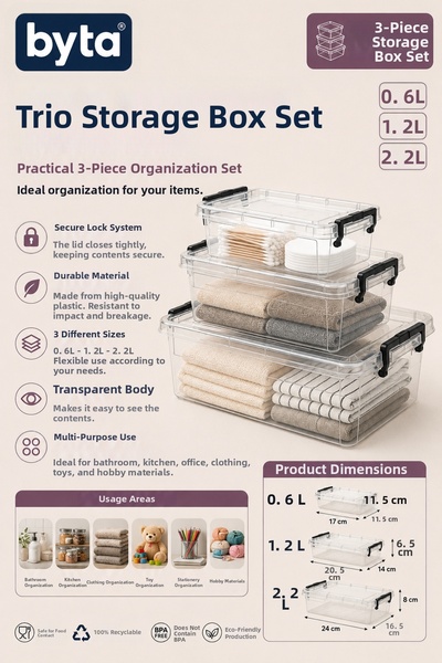 BYTA 3-Piece Set of Transparent Storage Containers with Locking Lids 0.6L + 1...