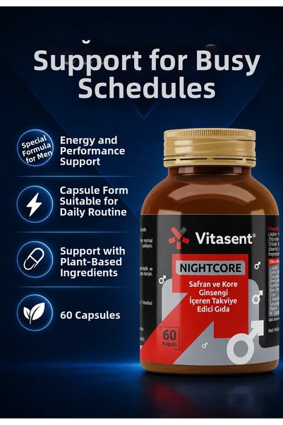VİTASENT Nightcore Multivitamin Supplement for Men 60 Capsules – Saffron, Korean Ginseng, L-Arginine, Zinc, B6 - Daily Vitality, Resilience, Energy & Endurance