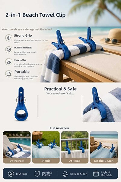 QesQin 2-Piece Large Beach Towel Stabilizer Pegs |   Strong Clip for Sun Loun...