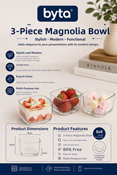 BYTA 3-Piece Glass Magnolia Bowl Set 8X8 cm Transparent Glass Dessert, Fruit ...