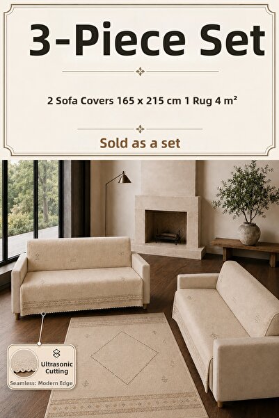 GECE HOME طقم من 3 قطع: 2 غطاء أريكة مقاس 165x215 سم + 1 سجادة مطبوعة رقمياً ...