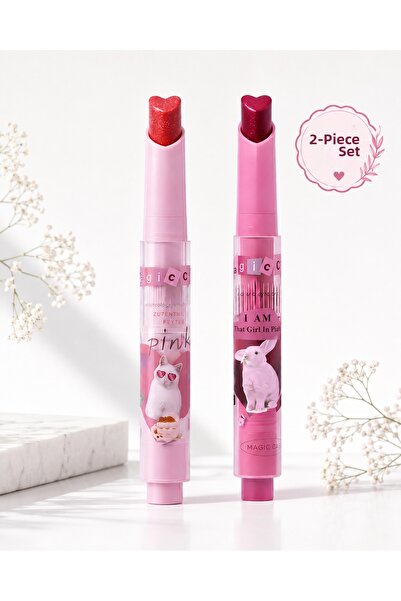 Kozmetik Pink Love Heart Lip Set of 2 - Silvery Lipstick Series - Magic Casa