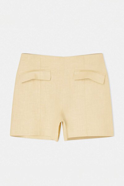 Συλλογή Trendyol Μπεζ σορτς με διακοσμητικές τσέπες, 100% λινό υφαντό TWOSS26...