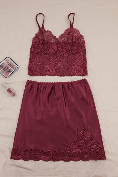 Trendyol Collection Burgundy Lace Detailed Skirted Satin Woven Pajama Set Thm...