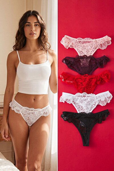 Trendyol Collection Chiloți tanga set 5 bucăți cu tulle și detalii din dantel...