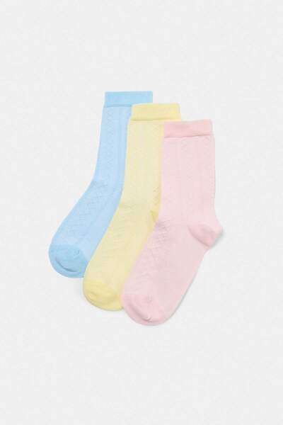 Trendyol Kollektion Gelb-rosa 3-teilige Baumwoll-Jacquard-Stricksocken THMSS2...