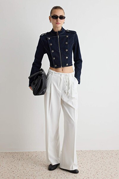 Trendyol Collection Pantaloni din țesătură cu dungi, cu talie înaltă și picio...