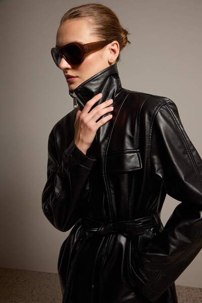 Trendyol Collection Black Regular Fit Belt Detailed Faux Leather Jacket Coat ...