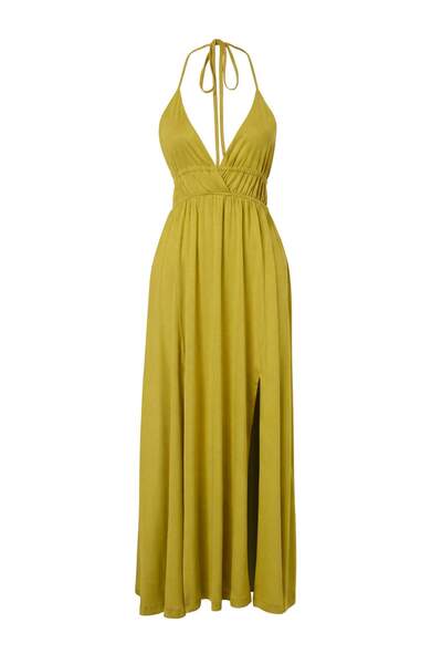 Trendyol Collection فستان شاطئ ماكسي مفتوح الظهر منسوج باللون الأخضر الزيتي T...