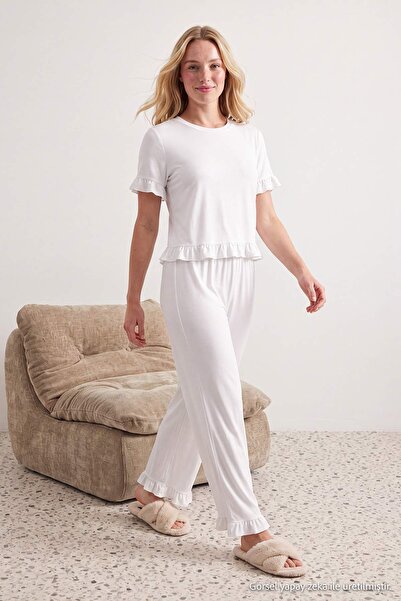 Trendyol Collection Ecru Chiffon Ruffled Ribbed Viscose Knitted Pajama Set Th...