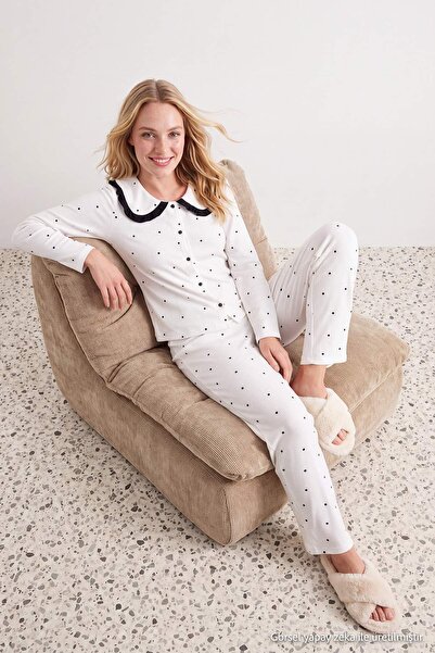 Trendyol Collection White Polka Dot Ruffle Waffle Knitted Pajama Set Thmaw27P...