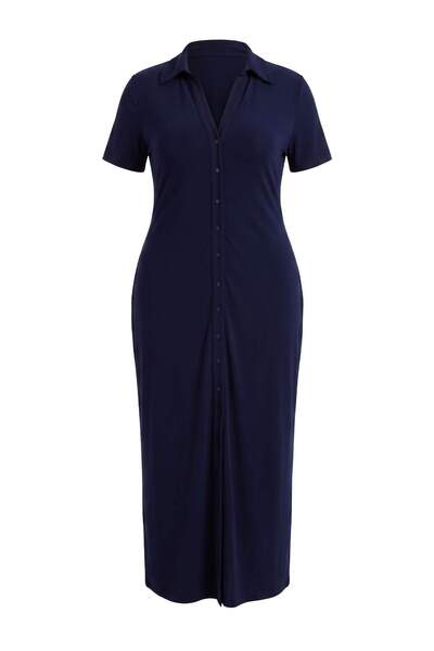 Trendyol Curve Navy Blue Polo Collar Buttoned Maxi Knitted Plus Size Dress Tb...