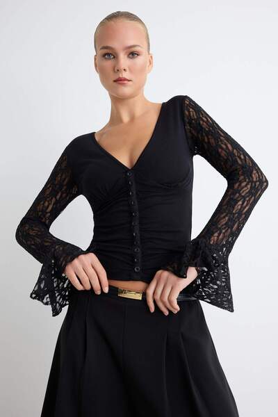 Trendyol Collection Black Plain Fitted V-Neck Lace Detailed Fitted/Fitted Vis...