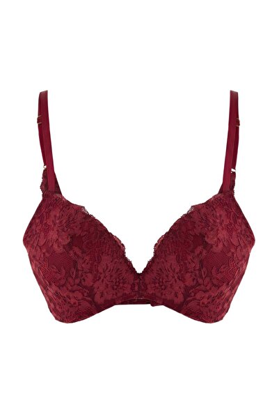 Trendyol Collection حمالة صدر مثلثة الشكل بلون أحمر كلاريت مع دانتيل مفرد وتص...