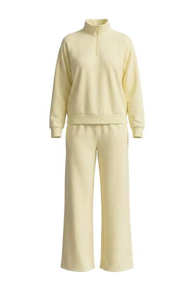Trendyol Collection Light Yellow Plain Regular High Neck Zipper Wide Leg Thic...