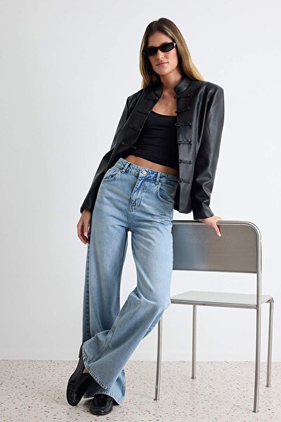 Trendyol Collection Blue 100% Cotton High Waist Extra Wide Leg Jeans Twoaw27J...