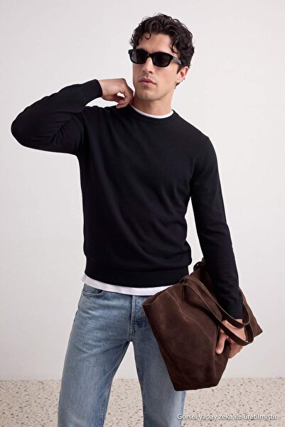Trendyol Collection Black Regular/Normal Cut Crew Neck Soft Tuşe Basic Knitwe...