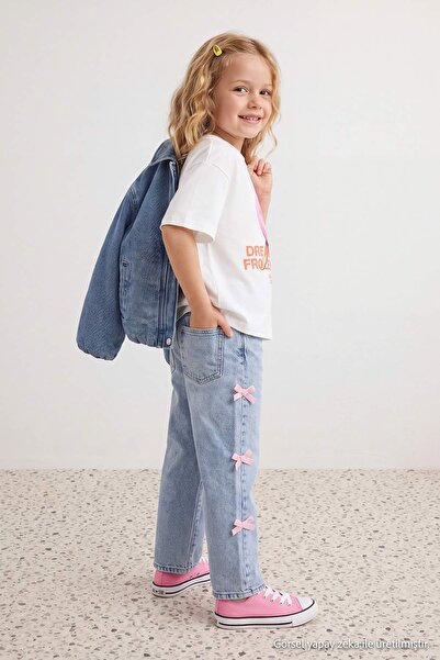 TRENDYOLKIDS Medium Blue Girls' Wide Leg Jeans with Bow Detail Tkdaw27Je00007