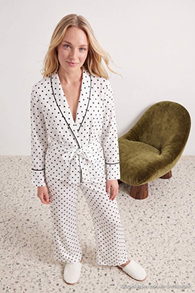 Trendyol Collection White-Black Belted Polka Dot Piping Detailed Double Breas...