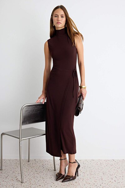 Trendyol Collection Brown A-Line/A Bell Form High Neck Sleeveless Maxi Stretc...