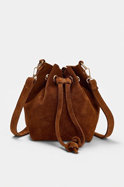 TRENDYOL SHOES Tan Genuine Suede Drawstring Detailed Women's Mini Shoulder Ba...