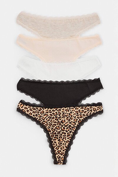 Trendyol Collection Multicolor 5-Piece Single Jersey Animal Thong Panties Thm...