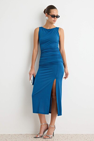 Trendyol Collection Blue Slit Detailed Body-Hugging Maxi Party Dress Tprss26E...