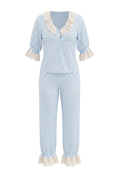 Trendyol Collection Blue Striped Shally Woven Pajama Set Thmaw27Pt00115