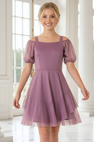 SUBU TASARIM Βραδινό φόρεμα με μανίκια με μπαλόνια από τούλι λιλά TBS940