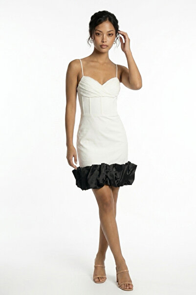 By Saygı Kadın İp Askılı Astarlı Etek Saten Drapeli Kısa Krep Elbise