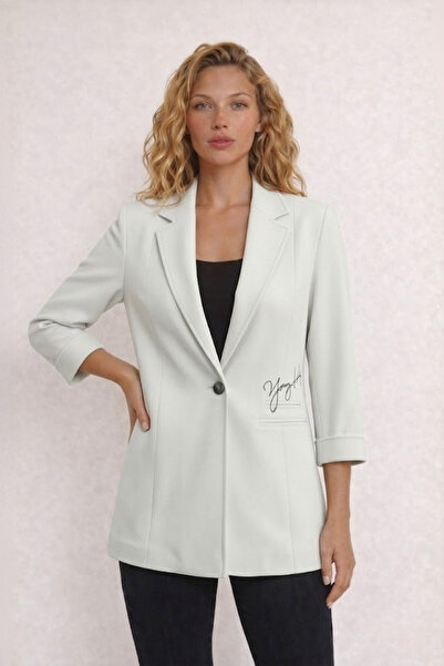 WHİTE DİAMOND Cebi Baskılı Düğmeli Beyaz Blazer Ceket