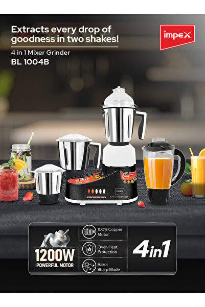 IMPEX خلاط ومطحنة 4 في 1 بقوة 1200 واط BL1004B، محرك نحاسي 100%، أوعية من الف...