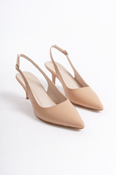 NITU Shoes Sivri Burun Arkası Açık Nude Cilt Alçak Topuklu Stiletto