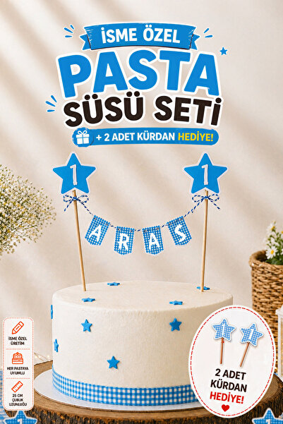 TOI SHOP Kişiye Özel İsimli ve Yaş Yazılı Mavi Pasta Süsü Banner ve Cupcake K...
