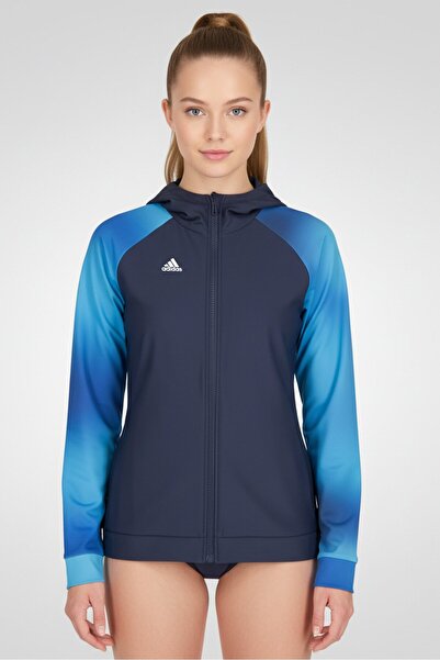 adidas ملابس رياضية نسائية بأكمام طويلة وغطاء للرأس وواقي من الطفح الجلدي، أز...