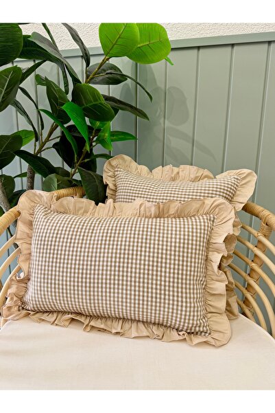 Decamor home Vintage Double Color Beige Mini Gingham Ruffled Throw Pillow Cov...