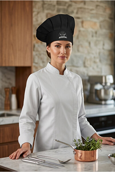 enmalife Siyah Best Chef Logo Baskılı Şef Aşçı Şapkası, Mantar Kep
