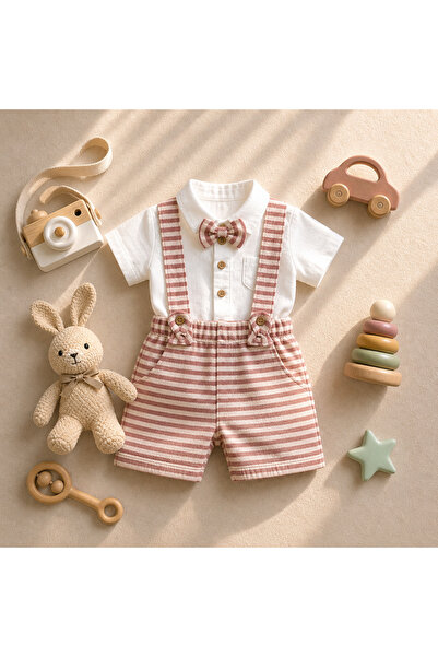 BYMURAT BABY Baby Set Salopet Men's Striped Bow Tie Shirted Overalls Red Gray