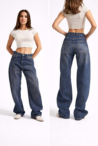 ibeeka Waist Detailed Wide Leg Washed Navy Blue Color Jeans - Navy Blue - 36 ...