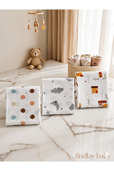 Findlay Baby Çok Amaçlı Müslin Örtü & Battaniye 3'lü Set %100 Pamuk Oeko-teks...