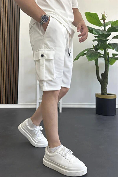 Edwox Men's Elastic Waist Pocket Shorts White Edw388