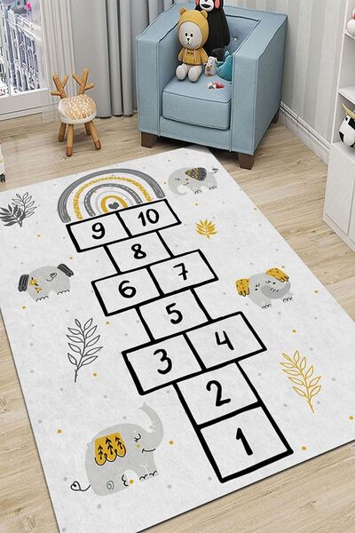 PINKIE HOME Dijital Baskı Kaymaz Taban Makinede Yıkanabilir Sarı Gökkuşağı De...