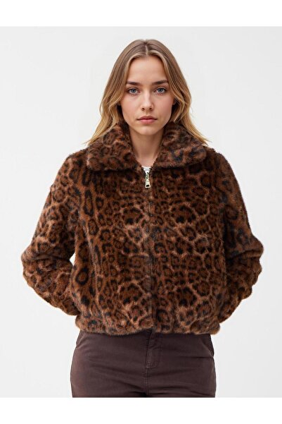 Jimmy Key Kahverengi Leopar Desenli Cep Detaylı Peluş Mont