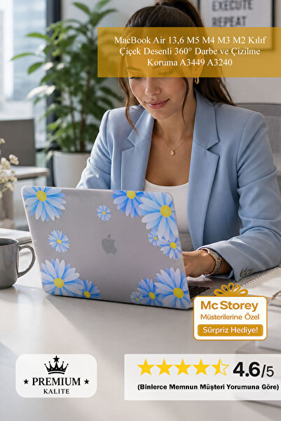 Mcstorey MacBook Air 13,6 M5 M4 M3 M2 Kılıf Çiçek Desenli 360° Darbe ve Çizil...
