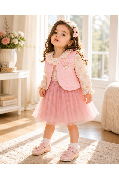 Kids Kız Bebek Yelekli Tüllü Elbise - Uzun Kollu