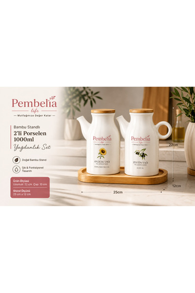 Pembelia Life Bambu Standlı Etiketli Çizgili 2’li Porselen 1000 ml Yağdanlık ...