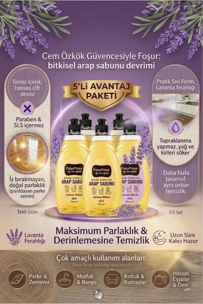 FoşurFoşur By Cem Özkök Lavanta Kokulu Bitkisel Sıvı Arap Sabunu 750 ml 5 Adet (Sls-Paraben içermez)