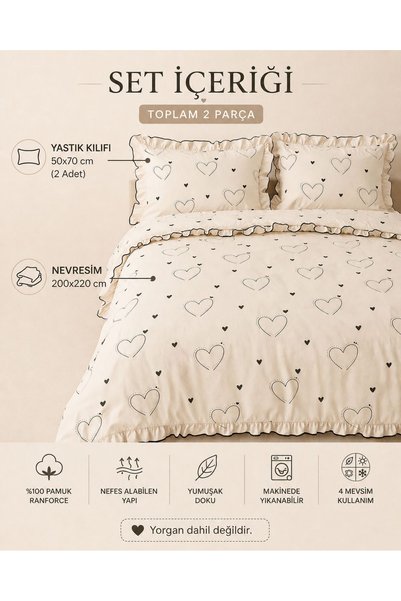 Larispera 100% Cotton Ranforce Double Ruffled Duvet Cover Set, Ruffled, Soft, Breathable
