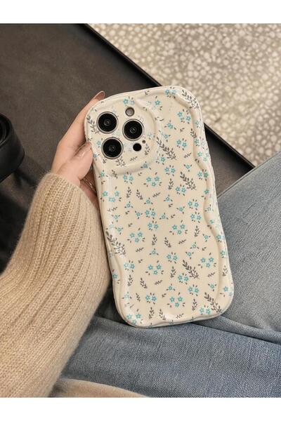 MİRAZ TASARIM IPHONE 14 PRO MAVİ ÇİÇEKLİ EKRU KILIF