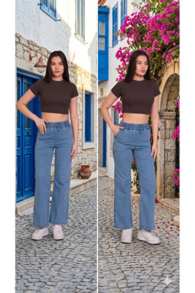 Gülizim Butik Açık Mavi Kadın Beli Lastikli Yüksek Bel Likralı Büyük-küçük Beden Jeans